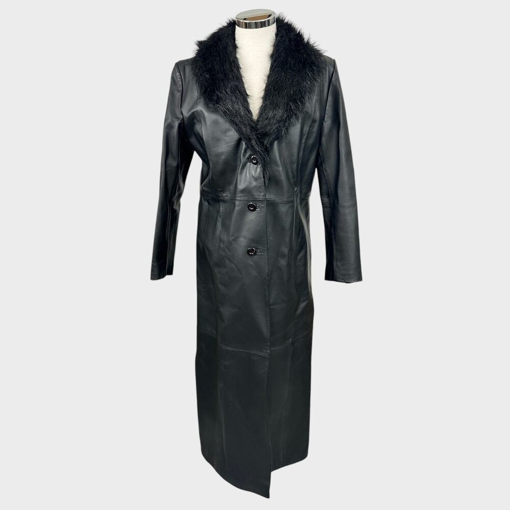 Vintage Terry Lewis Classic Luxuries S Long 100% Leather Coat Faux Fur Collar